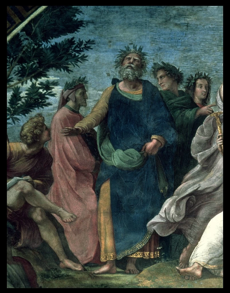 Sanzio - Il Parnaso, particolare di Omero, Dante e Virgilio, nelle Stanze della Segnatura, Musei Vaticani